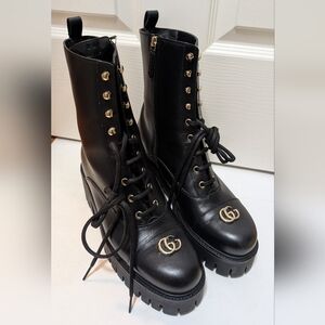 NWOB Gucci New Marmont GG embellished leather Lace Up ankle boots Size 39 Black